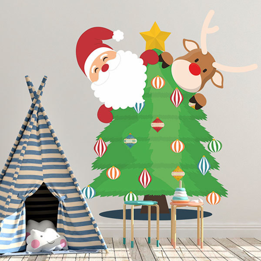 stickers-muraux-pere-nol-et-rudolf-dans-le-sapin-de-noel